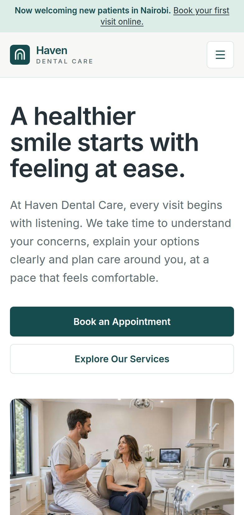 Haven Dental Care homepage on mobile