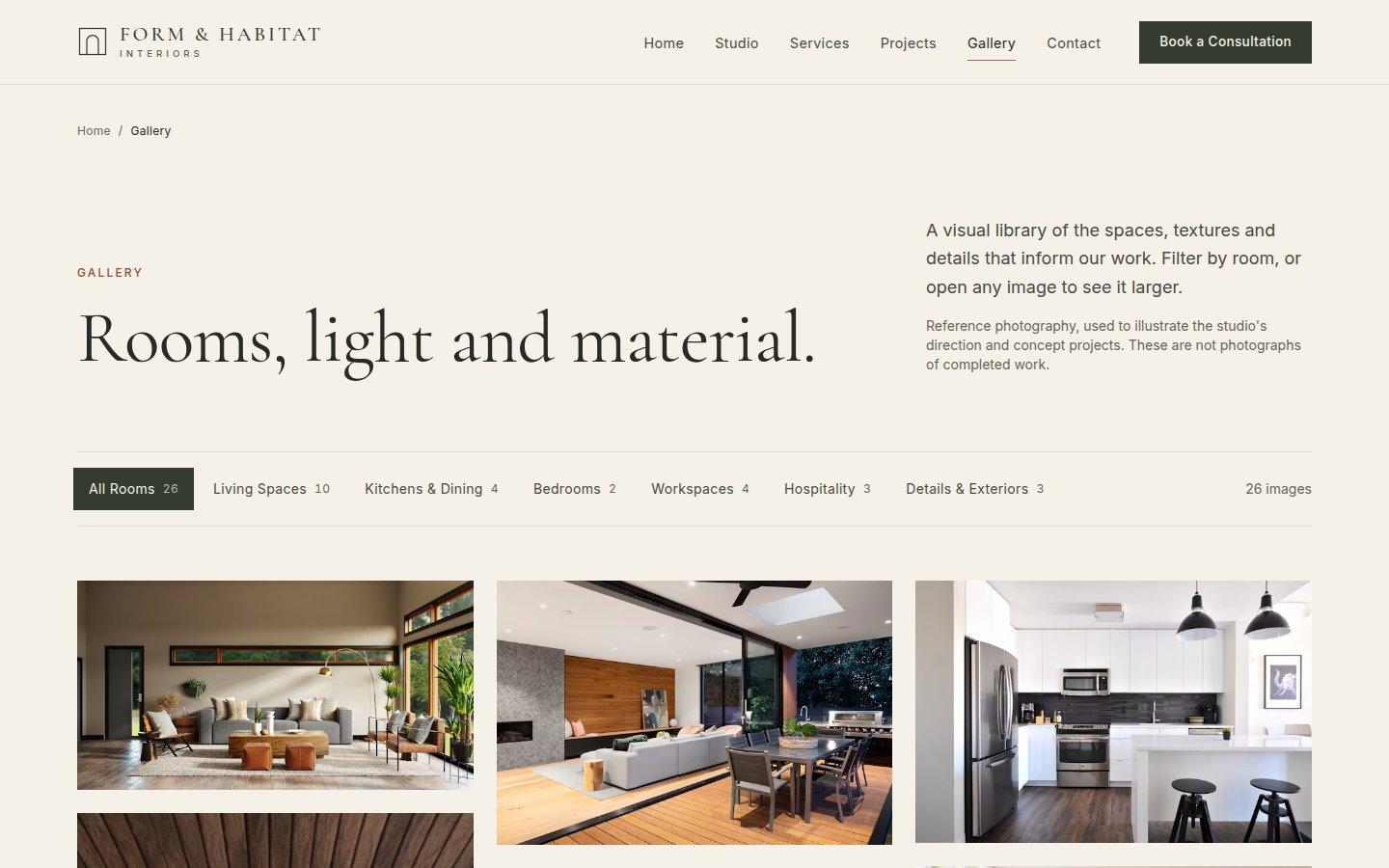 The gallery, filterable by room