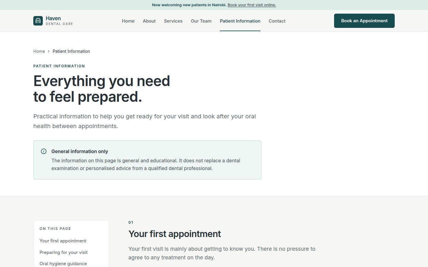 Patient information, with a sticky page menu