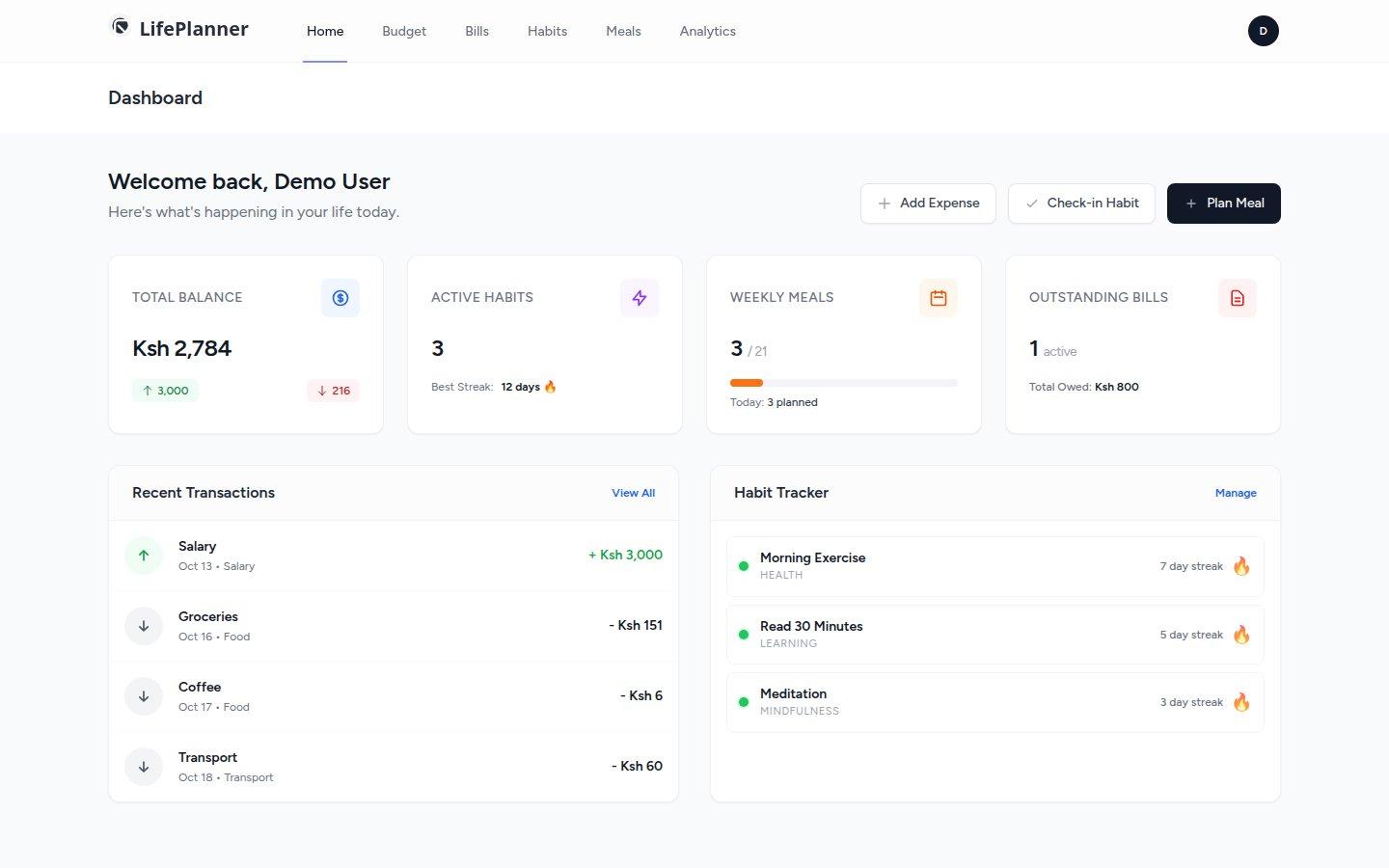 The dashboard: balance, habits, meals and bills at a glance