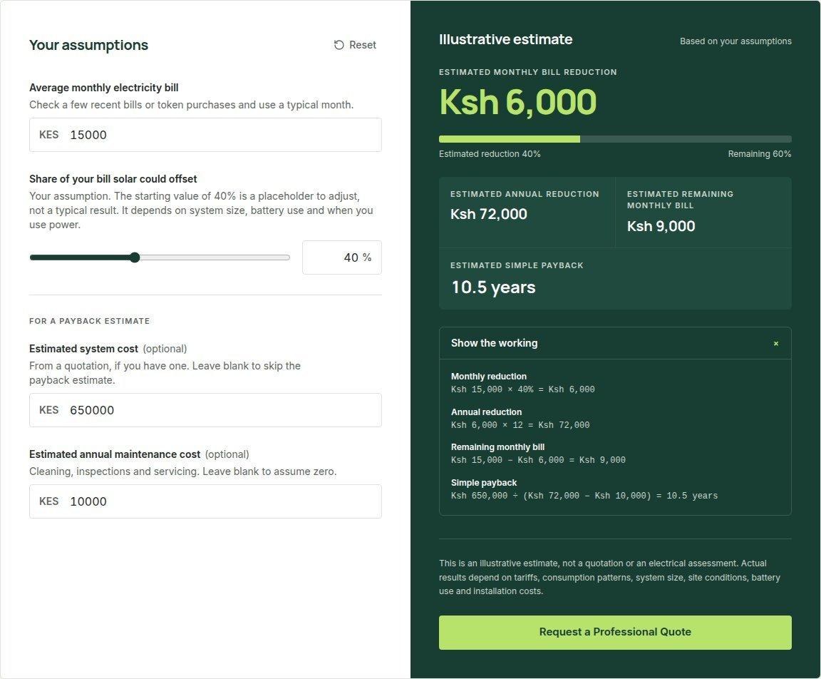 The savings calculator, with its working shown